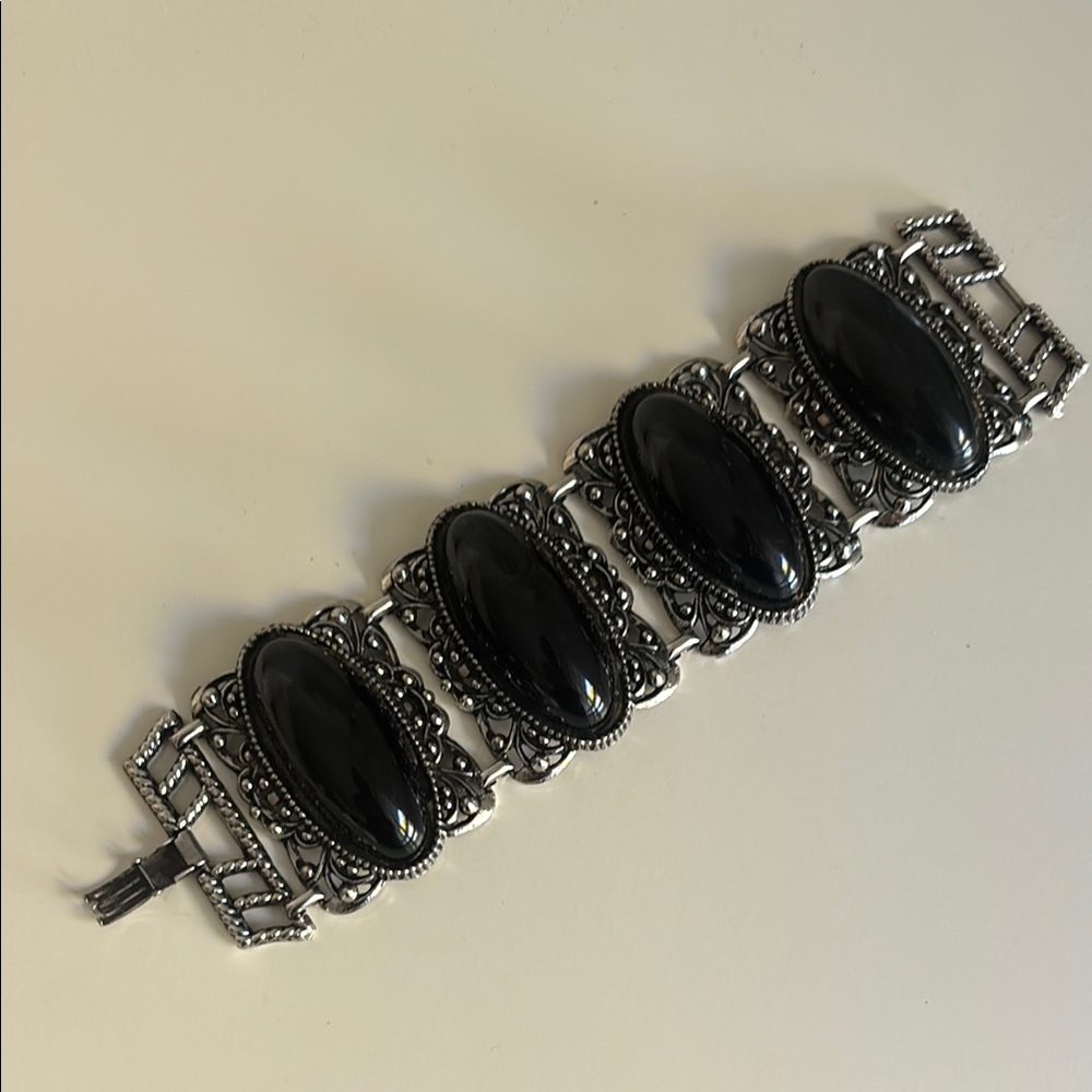 Vintage Mid-Century Silver Tone & Black Bracelet - Picture 2 of 4